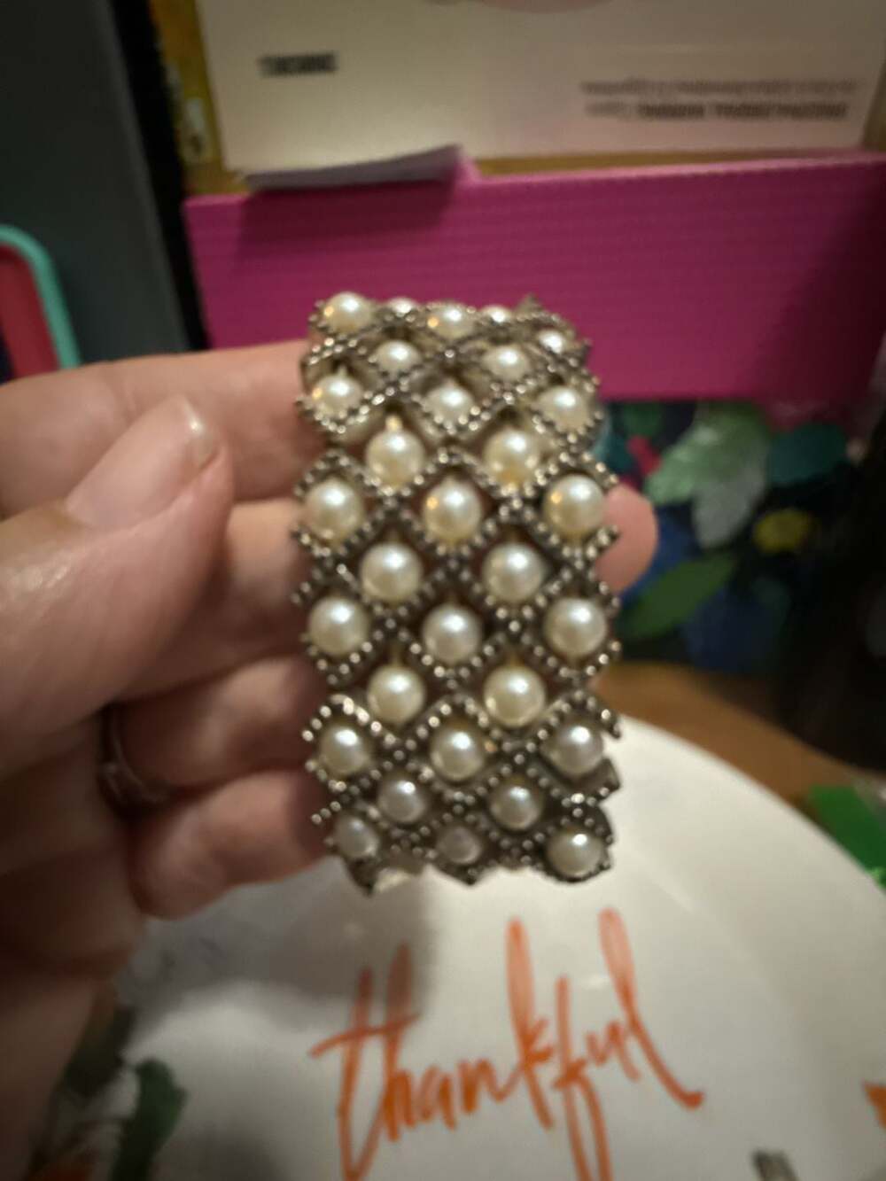 Vintage Faux Pearl Silver Tone Stretch Cuff Bracelet